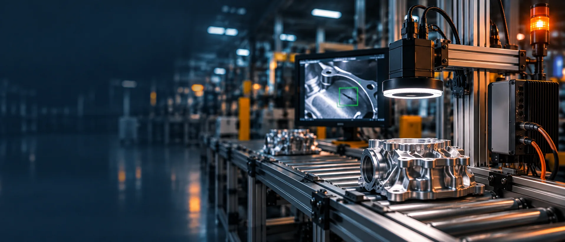 Inspection station: camera and ring light above a metal part on a conveyor, and a screen showing a defect found by the AI