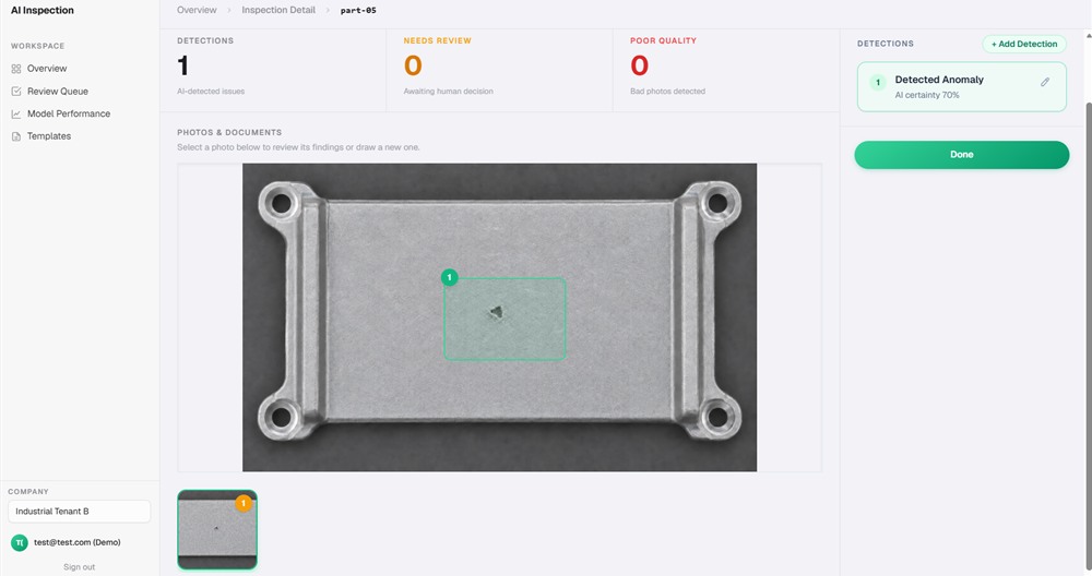 AI Inspection Core screen with a defect circled on a part