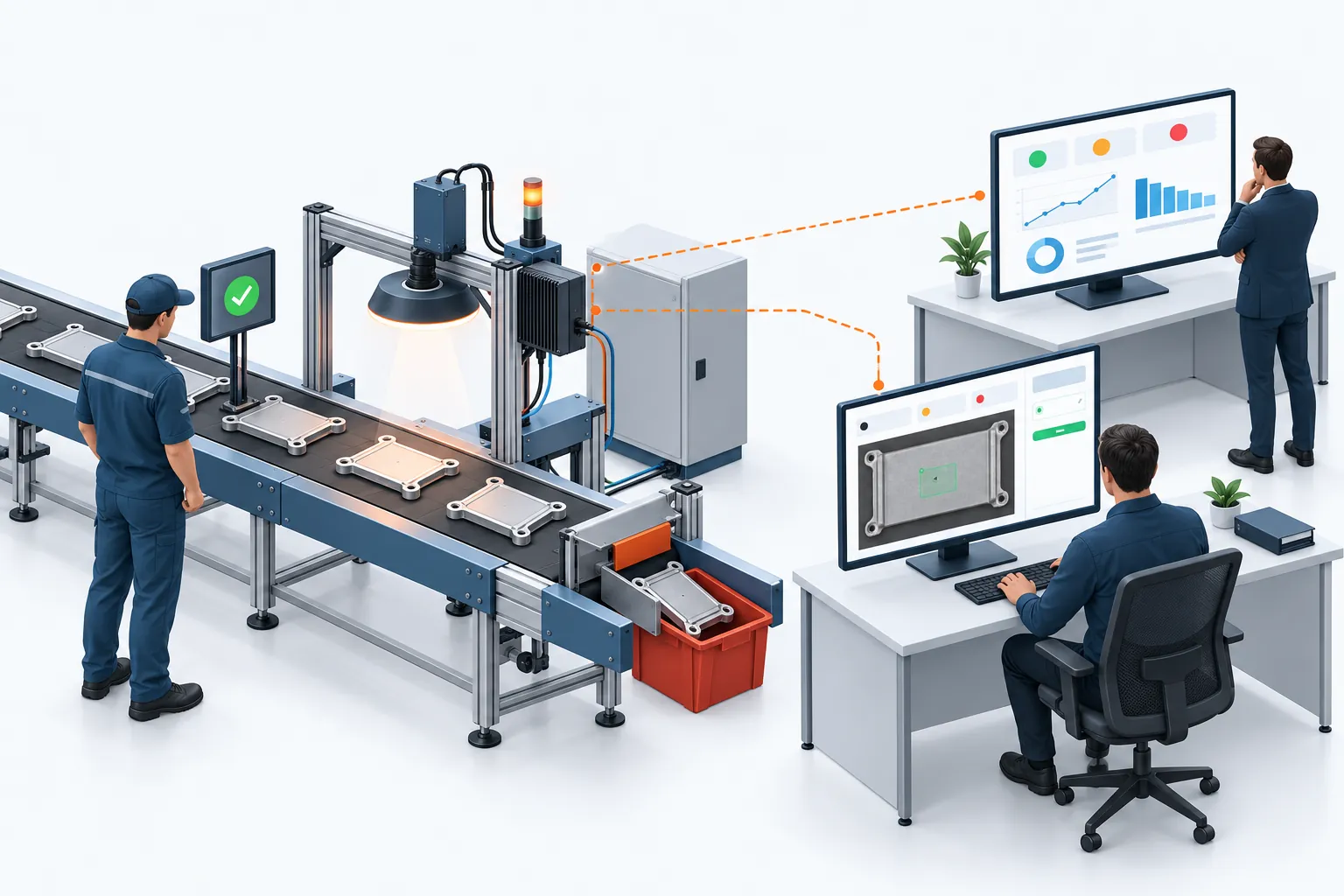 An inspection station on a conveyor: a camera and a light take a picture of each product, a computer decides OK or not OK and sends non-conforming products to a bin, a reviewer checks doubtful cases on a screen, and a manager follows the quality dashboards.
