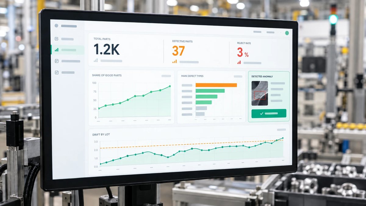 A manager dashboard on a wide screen in a factory: a trend line, four summary tiles, a bar chart of the main defects and a drift chart with a limit line
